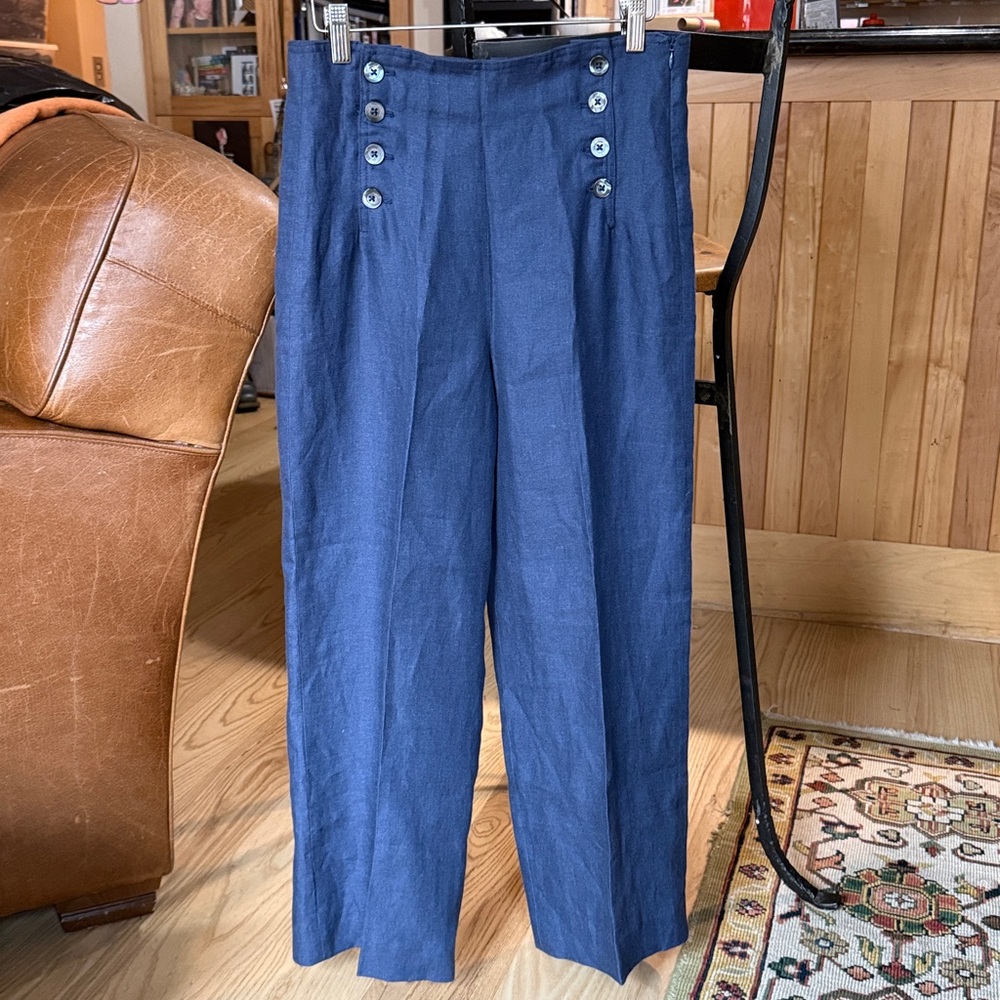 Ply The Waters, Guideboat Co. Button-Front Blue Linen Sailors Pants. 27